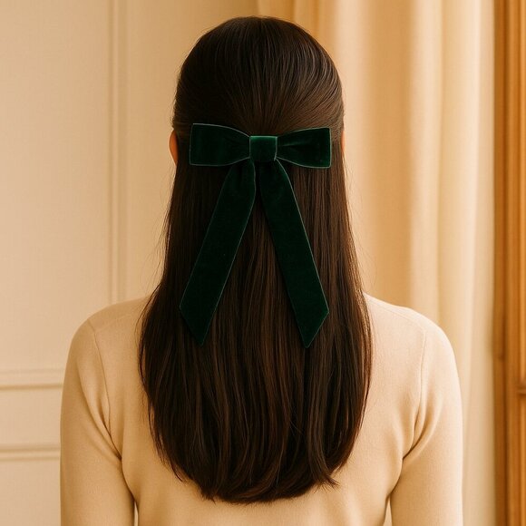 J. Crew Dark Green Velvet Hair Bow Barrette NWT Deep Emerald Green - Picture 8 of 8
